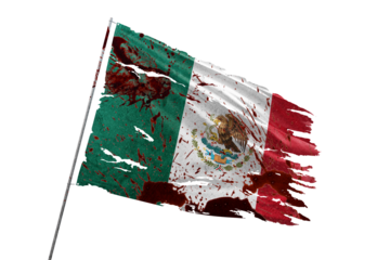 Mexico torn flag on transparent background with blood stains.