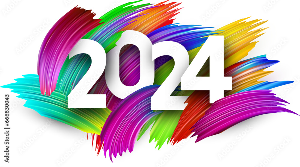 Poster new year 2024 paper numbers for calendar header on colorful background made of different color brush