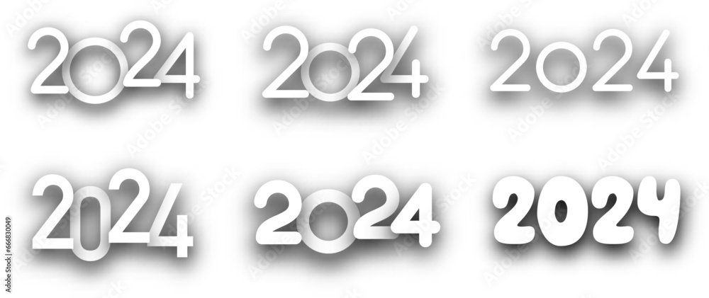 Aufkleber new year 2024 different paper numbers for calendar header on white background.