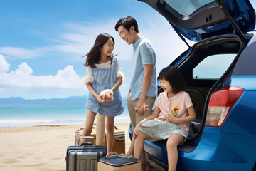 Summer Memories in the Making  Asian Family's Enthusiastic Departure for a Sun-kissed Beach Vacation