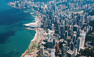 Aerial scenery panoramic view from drone of Hong Kong skyscrapers skyline with metropolitan bay