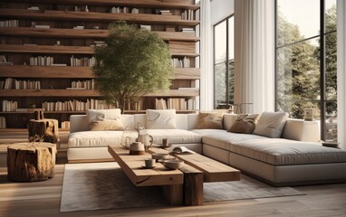 Living room interior design with wooden elements