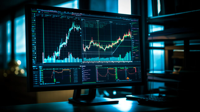 Candle Stick Graph Chart Of Stock Market Investment Trading App, Improved Business Information On Desktop Computer Screen Reflected In A Financial Graph, Data Analytics And Strategy Formulation