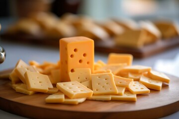 Close-up of cheese pieces on wooden tray with a blurred background. Generative AI
