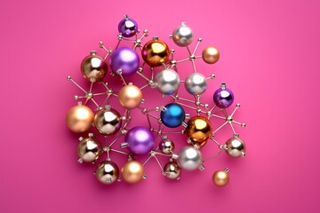 Colorful Christmas balls arranged in a molecular structure, representing New Year's scientific concept on a pink background. Generative AI