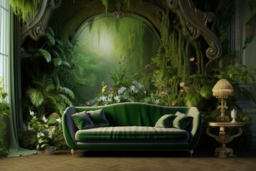 3D interior with stylish green wallpaper design for gardening. Generative AI