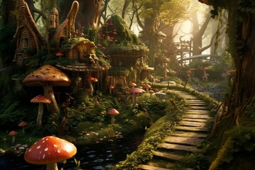 Incredible scene of a magical woodland and hidden fairy community, brought to life through stunning visuals. Generative AI