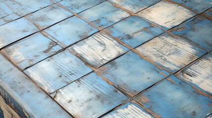 A detailed pattern of blue and white tiles up close