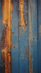 Naklejka premium A detailed shot of a weathered wooden wall with a vibrant blue paint