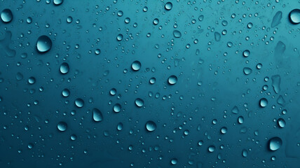 Abstract Wallpaper background. Macro water droplets on a surface of Cyan Blue Hue and a few drops of Carbon Black.
