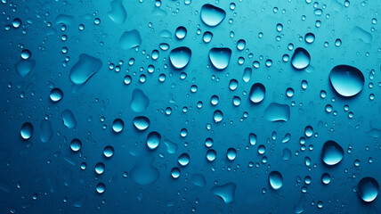 Abstract Wallpaper background. Macro water droplets on a surface of Cyan Blue Hue and a few drops of Carbon Black.