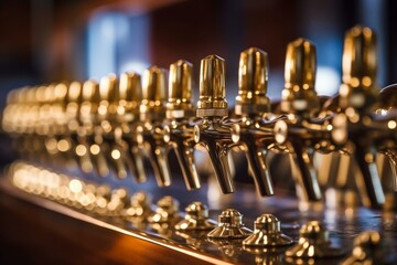 Close-up details of a beer bar with rows of beer taps in perspective, warm tinting, and selective focus. Generative AI