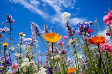 Fototapeta na wymiar Vibrant wildflowers bloom under clear blue sky. Generative AI