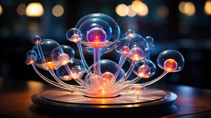 Illuminated 3D depiction of atomic structures showcasing transparent spheres with glowing centers, highlighting the beauty of subatomic world on a dark backdrop.

