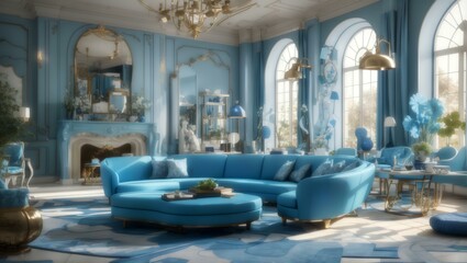 Obraz premium a living room filled with lots of blue furniture