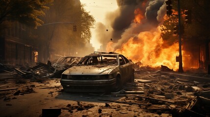 War-torn urban landscape with burning fires and abandoned vehicles amidst the rubble, capturing the devastating impact and chaos of conflict.
 - obrazy, fototapety, plakaty
