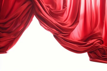 Elegant scarlet fabric sways on the wind, billowing red silk curtains hang from a cornice against a white background. Generative AI - obrazy, fototapety, plakaty
