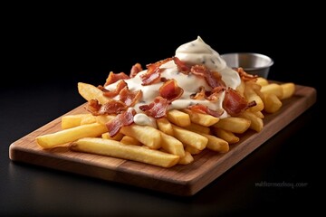 French fries with creamy sauce, bacon, on wooden board, table with black background, checkered fabric. Generative AI