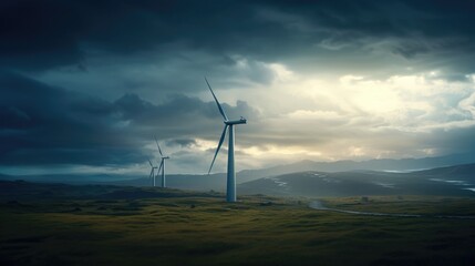 Obraz premium Wind turbines spinning against a backdrop of a stormy sky