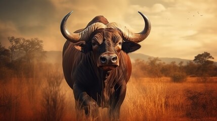 Big old Cape Buffalo Bull on savanna at sunset view nature background. AI generated image - obrazy, fototapety, plakaty