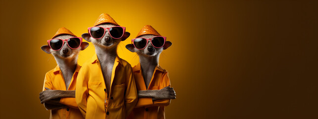 Three  animals wearing sunglasses and a yellow shirt and hat,yellow backbround banner, texture, design