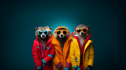 A group of raccoons wearing sunglasses and coats, banner, texture, design
