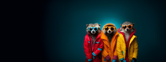 Raccoons wearing sunglasses and coats and standing next to each other, banner, texture, design - obrazy, fototapety, plakaty