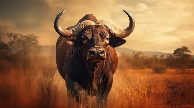 Big old Cape Buffalo Bull on savanna at sunset view nature background. AI generated image