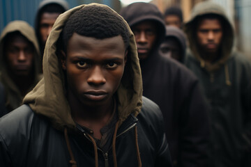 Fototapeta premium Journey of Desperation: Young African Immigrant Group in Europe, Marked by Sorrowful Gaze