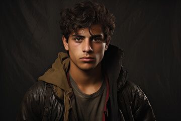 Fototapeta premium Portrait of a Young Arab Immigrant in a Dark Jacket against a Black Fabric Background