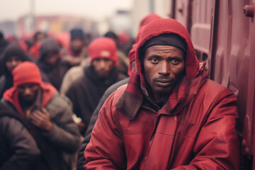 Searching for Opportunity: Illegal African Immigrant Arriving in Europe, Surrounded by Fellow Immigrants, with a Distant Gaze