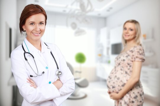 Happy young pregnant woman with doctor at clinic, AI generated image