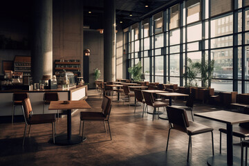 Fototapeta premium Modern empty coffee shop, trendy interior design with natural wood