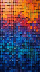 A vibrant mosaic artwork with a scenic blue sky backdrop
