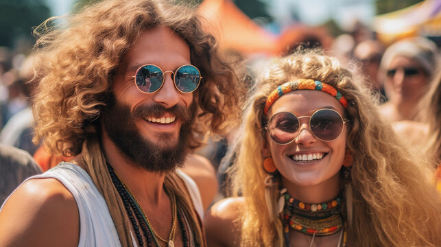 Couple outdoors at a festival on a sunny afternoon, hippies in the sunshine, smiling, candid portrait