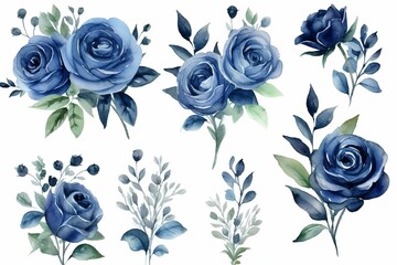 Watercolor navy blue floral clip art with bouquet roses, suitable for various printing designs. Hand-painted arrangement isolated on white background. Generative AI