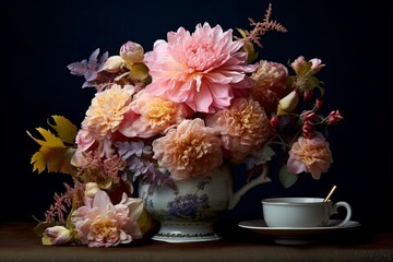 Floral tea arrangement. Generative AI