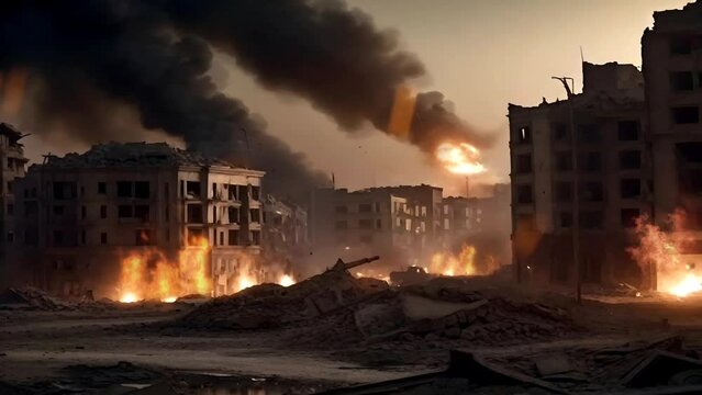 Illustration of the Misery of War: The horrific impact of war, with houses destroyed and burned by bomb attacks. Seamless looping virtual animated background