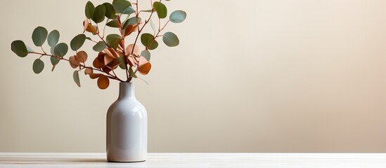 eucalyptus sprig in brown bottle on white wood background