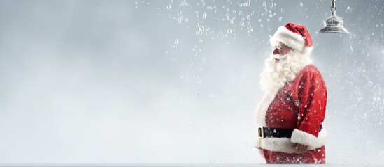 Santa Claus showering with his costume nearby - obrazy, fototapety, plakaty