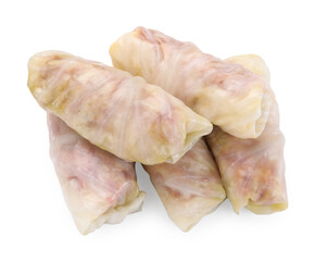 Uncooked stuffed cabbage rolls isolated on white, top view