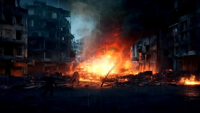 The aftermath of a terrible war that destroyed buildings, devastated cities and the surrounding environment. Animated illustration of the aftermath of war.