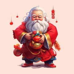 Chinese New Year. Santa Claus with a red bag full of gifts and toys.