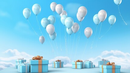 3d render of blue gift boxes with balloons on blue sky background