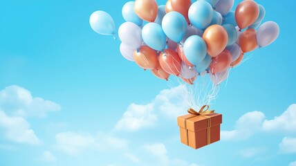 Gift box flying on bunch of colorful balloons. 3D Rendering