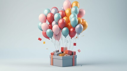 Gift box with colorful balloons and gift boxes. 3d rendering