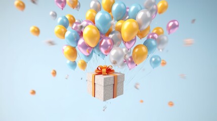 Gift box with colorful balloons on blue background. 3D rendering