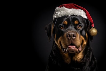 Obraz premium Rottweiler dog wearing christmas hat on black background