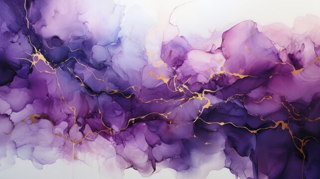 An abstract ink type texture with purple color and metallic gold veins. Generative AI. 