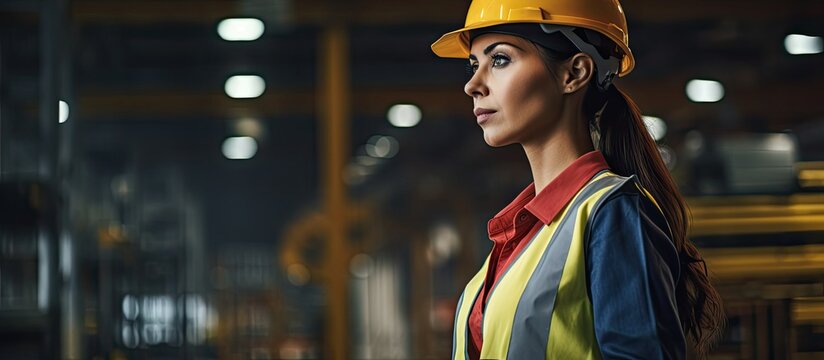 Successful female industrial specialist using a tablet in a metal warehouse